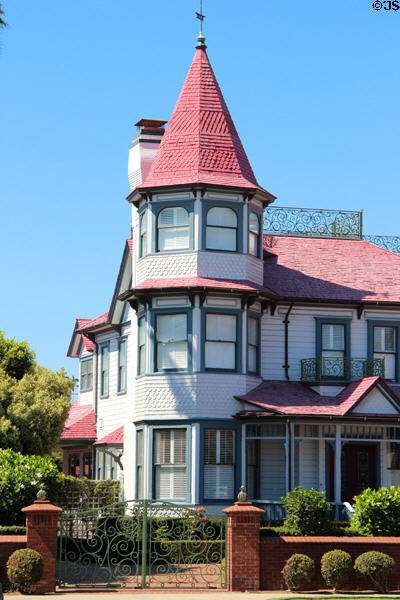 Queen Anne tower of Livingston-Mortensen Residence (1887; moved 1983) (144 Isabella Ave.). Coronado, CA.