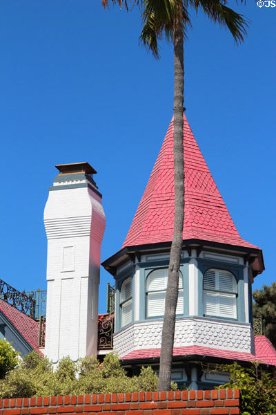Unique chimney & tower of Livingston-Mortensen Residence (1887; moved 1983) (144 Isabella Ave.). Coronado, CA.