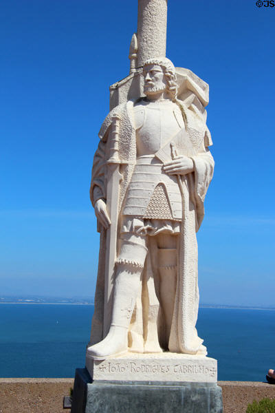 Detail of statue of Juan Rodriguez Cabrillo (?-1543), first European to map San Diego harbor (1542), at Cabrillo National Monument. San Diego, CA.