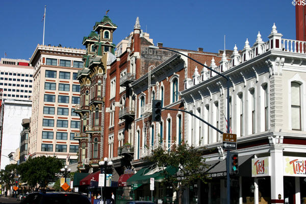 Heritage buildings along 5th Ave. spine of Gaslamp Quarter. San Diego, CA.
