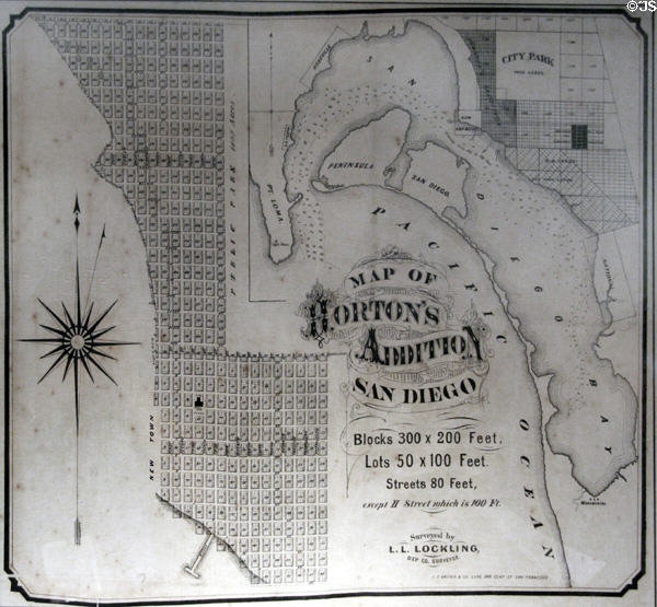 Map of New Town, Horton's Addition to San Diego surveyed by L.L. Lockling & printed in San Francisco at Davis House Museum. San Diego, CA.