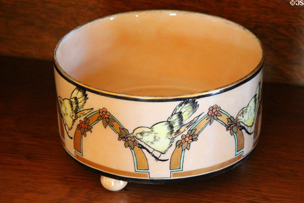 Arts & crafts ceramic bowl ringed with birds at Marston House Museum. San Diego, CA.