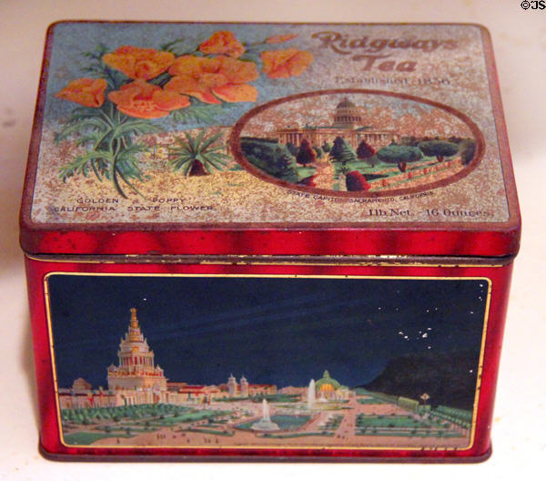 Tea tin with scenes of California including San Francisco World Exposition (1915) at Marston House Museum. San Diego, CA.