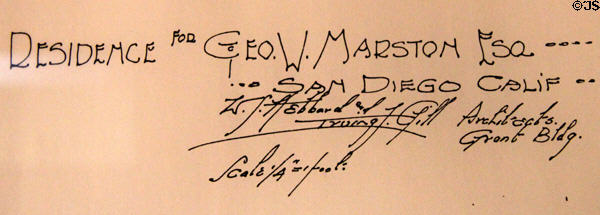 Signatures of W.S. Hebbard & I. Gill on plan for Marston House. San Diego, CA.