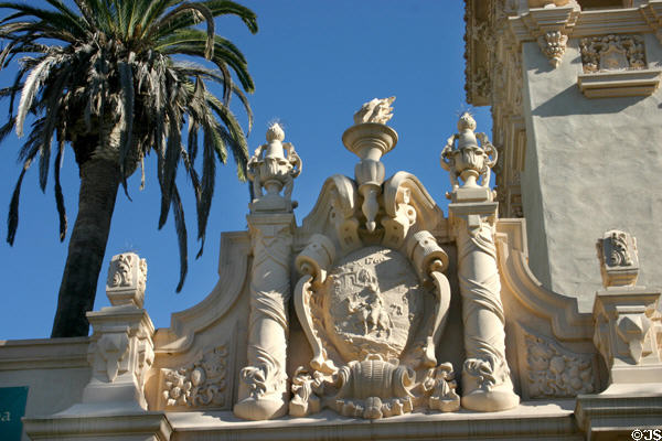 Relief celebrating California missions on Casa de Balboa. San Diego, CA.