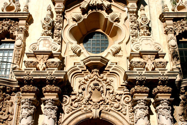 Casa del Prado Baroque facade detail. San Diego, CA.