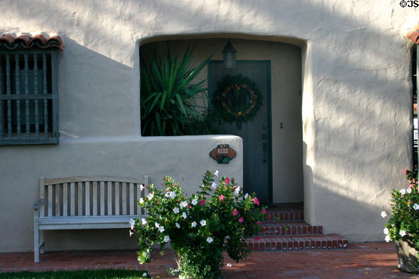 Mission revival entrance of Pearl Baker row house (6122 Paseo Delicias). Rancho Santa Fe, CA.