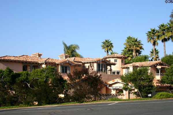 Tile-roofed mansion (Paseo Delicias at El Tordo). Rancho Santa Fe, CA. Style: Mission revival.