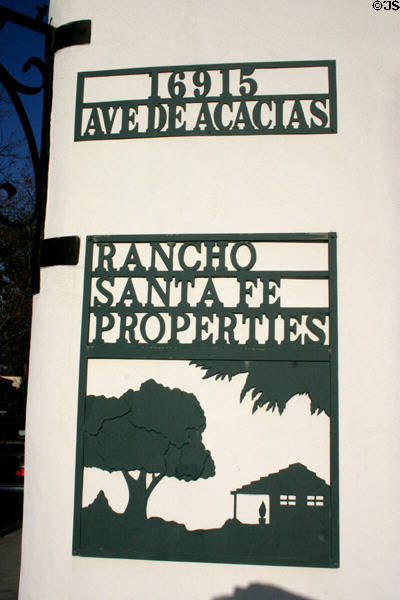 Sign for Rancho Santa Fe Land & Improvement Company Office (1924) (16915 Avenida de Acacias). Rancho Santa Fe, CA. Architect: Lilian Jenette Rice. On National Register.