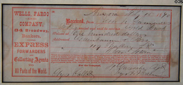 Receipt for forwarding of $100 in gold dust (1870) in Wells Fargo History Museum in Old Town. San Diego, CA.