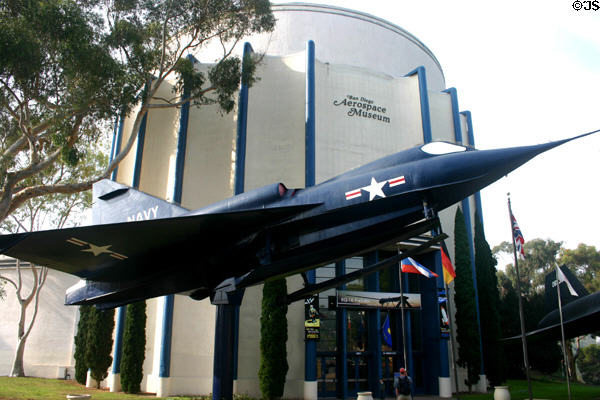 Convair Sea Dart experimental water-based supersonic jet (1953-6) in front of Ford Building. San Diego, CA.