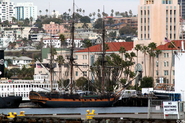 H.M.S. Surprise at Maritime Museum seen against County Building. San Diego, CA.