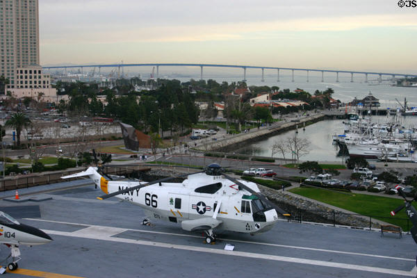 View of helicopter & Coronado Bridge from bridge of Midway aircraft carrier. San Diego, CA.