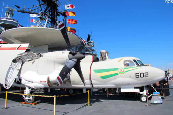 Grumman E-2 Hawkeye prop airborne radar platform (1960s) at Midway aircraft carrier museum. San Diego, CA.