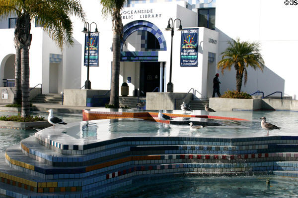 Tiled fountain with gulls at public library at Civic Center. Oceanside, CA. Architect: Charles Moore.