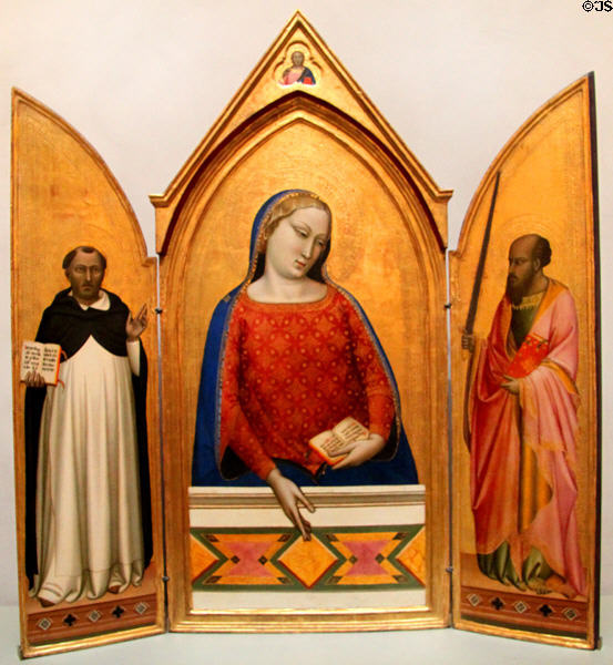 Virgin Mary with Sts Thomas Aquinas & Paul tempera painting (c1330) by Bernardo Daddi at J. Paul Getty Museum Center. Malibu, CA.