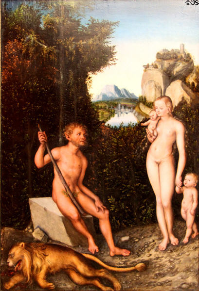 Faun & His Family with Slain Lion painting (c1526) by Lucas Cranach the Elder at J. Paul Getty Museum Center. Malibu, CA.