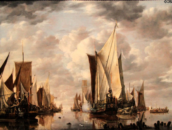 Shipping in a Calm at Flushing with a States General Yacht Firing a Salute painting (1649) by Jan van de Cappelle at J. Paul Getty Museum Center. Malibu, CA.