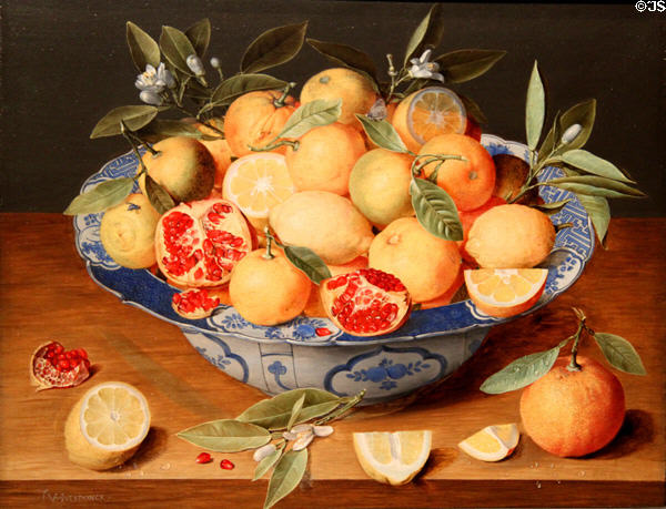 Still Life with Lemons, Oranges, & Pomegranate painting (c1620-40) by Jacob van Hulsdonck at J. Paul Getty Museum Center. Malibu, CA.