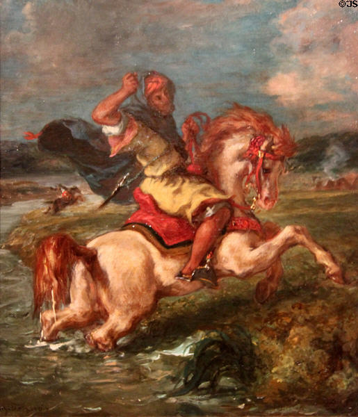 Moroccan Horseman Crossing a Ford painting (c1850) by Eugène Delacroix at J. Paul Getty Museum Center. Malibu, CA.