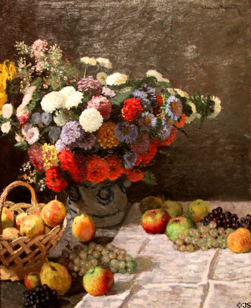 Still life with Flowers & Fruit painting (1869) by Claude Monet at J. Paul Getty Museum Center. Malibu, CA.