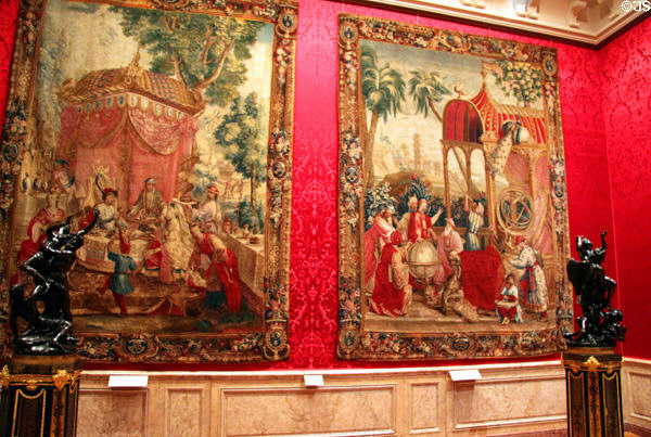 Gallery with tapestries & sculptures at J. Paul Getty Museum Center. Malibu, CA.