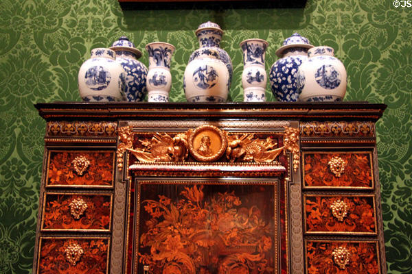 Detail of French cabinet on stand (c1675-80) attrib. André-Charles Boulle with Chinese vases (1662-1722) at J. Paul Getty Museum Center. Malibu, CA.