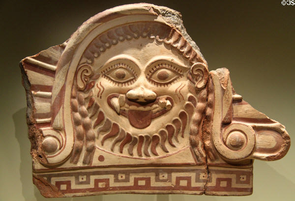 Etruscan terracotta antefix roof ornament with Medusa (550-500 BCE) at Getty Museum Villa. Malibu, CA.