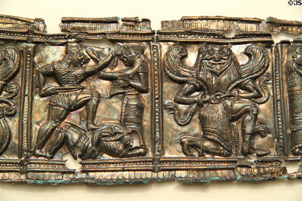 Greek silver & gold relief with mythological scenes (540-530 BCE) from Southern Italy at Getty Museum Villa. Malibu, CA.