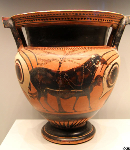 Greek terracotta black-figure krater with Odysseus escaping from Polyphemos's Cave (550-500 BCE) from Athens at Getty Museum Villa. Malibu, CA.