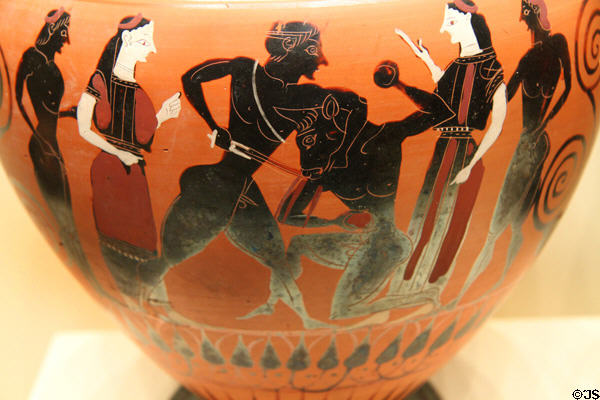 Greek terracotta black-figure amphora with slaying of Minotaur (c530 BCE) from Athens at Getty Museum Villa. Malibu, CA.