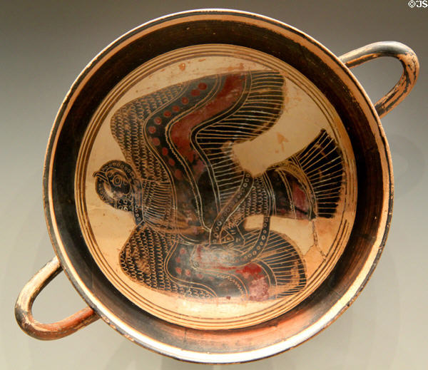 Greek terracotta black-figure wine cup (kylix) with Eagle Battling Snake (c530 BCE) from Lakonia at Getty Museum Villa. Malibu, CA.