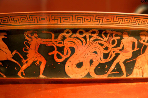 Details of Greek terracotta red-figure krater with Herakles fighting Hydra (c480 BCE) from Athens at Getty Museum Villa. Malibu, CA.