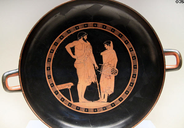 Greek terracotta red-figure wine cup (kylix) with boy holding lyre (c480 BCE) from Athens at Getty Museum Villa. Malibu, CA.