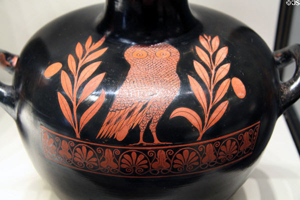 Greek terracotta red-figure water jar (kalpis) with owl & olive branches (c480-470 BCE) from Athens at Getty Museum Villa. Malibu, CA.