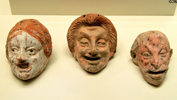 Greek terracotta miniature theater masks (c300-100 BCE) at Getty Museum Villa. Malibu, CA.