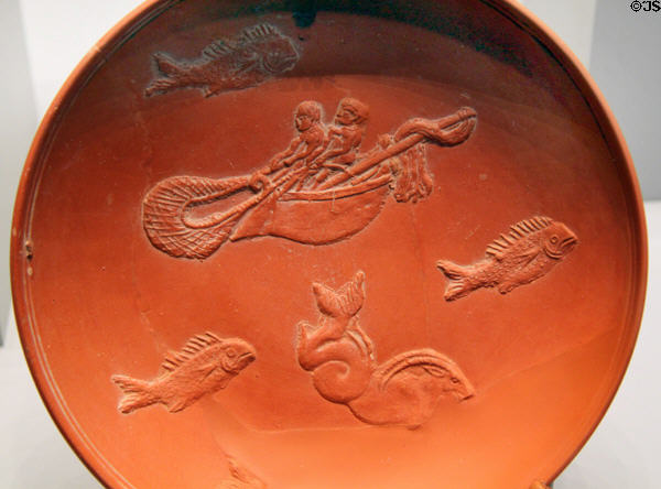 Roman terracotta bowl with fishermen (400 CE) from North Africa at Getty Museum Villa. Malibu, CA.