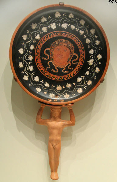 Greek terracotta red-figure bowl with Medusa (c350 BCE) from South Italy at Getty Museum Villa. Malibu, CA.