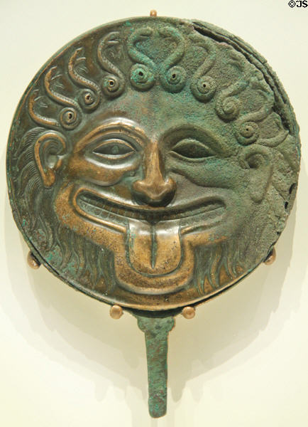 Greek bronze mirror with Medusa (500-480 BCE) from South Italy at Getty Museum Villa. Malibu, CA.