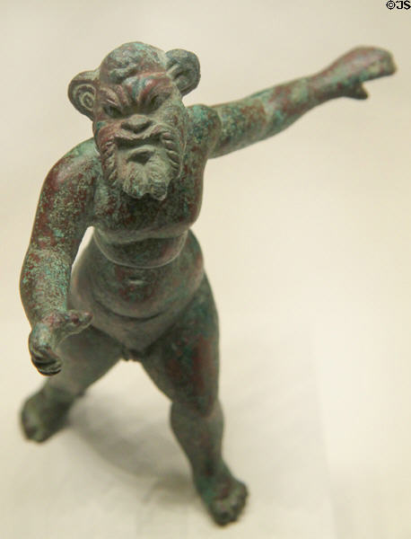 Roman bronze statue of comic actor wearing an animal mask (c100 BCE - 100 CE) at Getty Museum Villa. Malibu, CA.