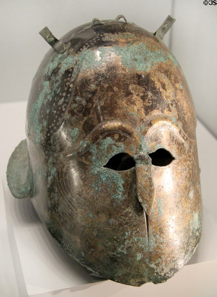 Greek bronze helmet (400-375 BCE) from South Italy at Getty Museum Villa. Malibu, CA.