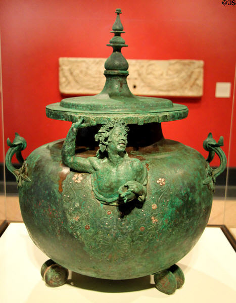 Greek bronze & silver lidded cauldron with Satyr (50-1 BCE) from Eastern Mediterranean at Getty Museum Villa. Malibu, CA.