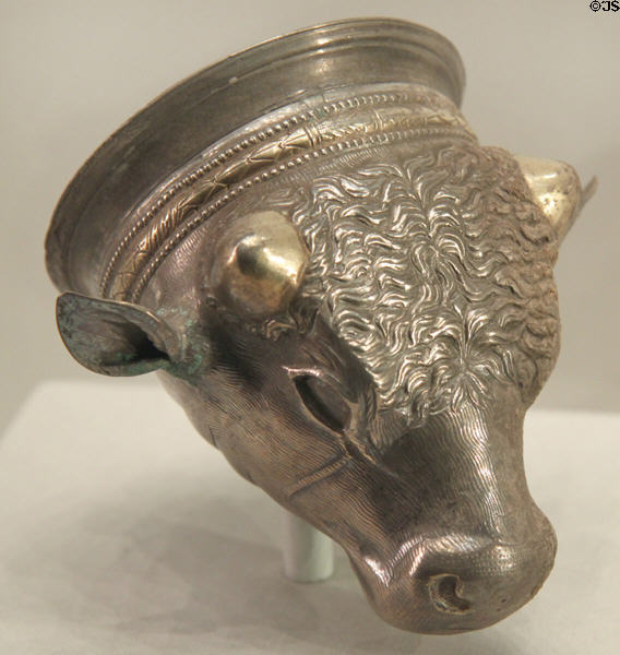 Greek silver & gold bull's head ceremonial cup (c100 BCE - 100 CE) from Eastern Mediterranean at Getty Museum Villa. Malibu, CA.