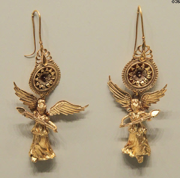 Greek gold & glass earrings with Nike pendants (225-175 BCE) at Getty Museum Villa. Malibu, CA.