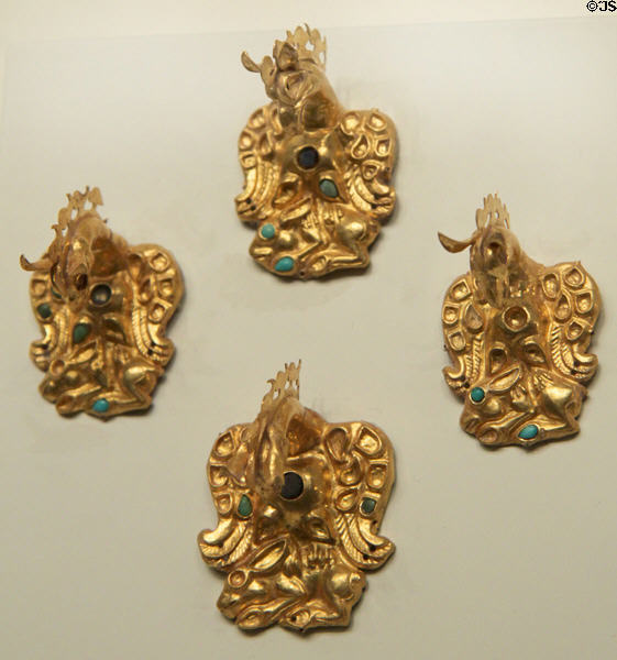 Scythian gold, turquoise & lapis harness decorations with Griffins (100 BCE - 100 CE) at Getty Museum Villa. Malibu, CA.