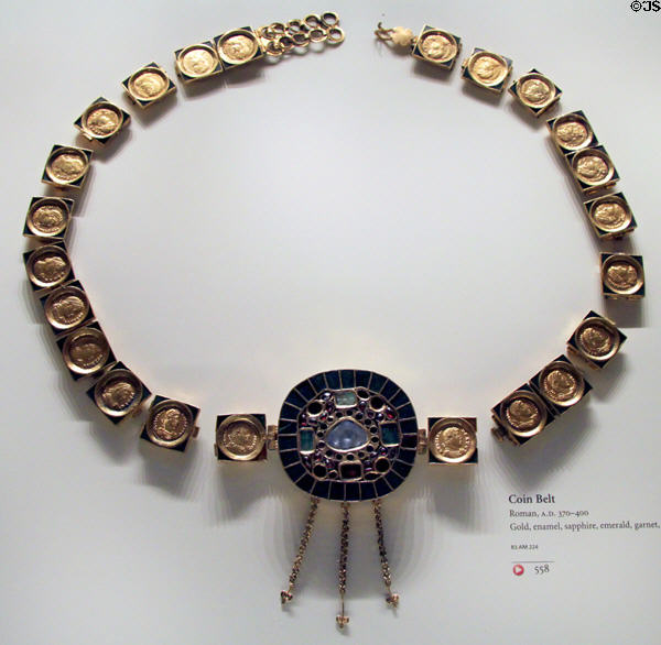 Roman gold & gemstone coin belt (379-400 CE) at Getty Museum Villa. Malibu, CA.