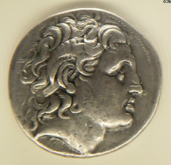 Silver tetradrachm coin with head of Alexander the Great (323-281 BCE) minted in Amphipolis at Getty Museum Villa. Malibu, CA.