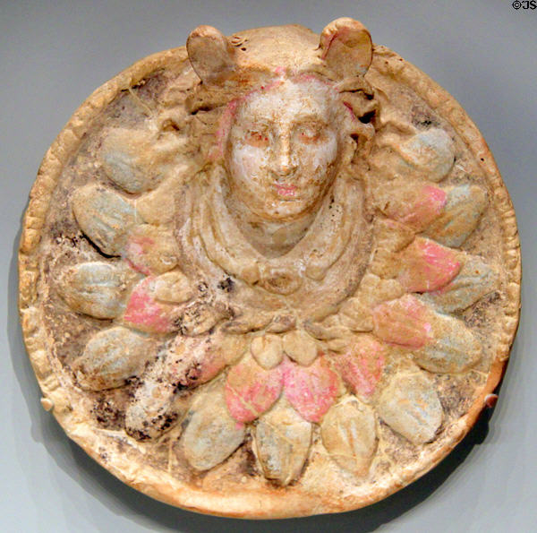 Greek terracotta & pigment plaque with Alexander as Medusa (c300-100 BCE) from Asia Minor at Getty Museum Villa. Malibu, CA.