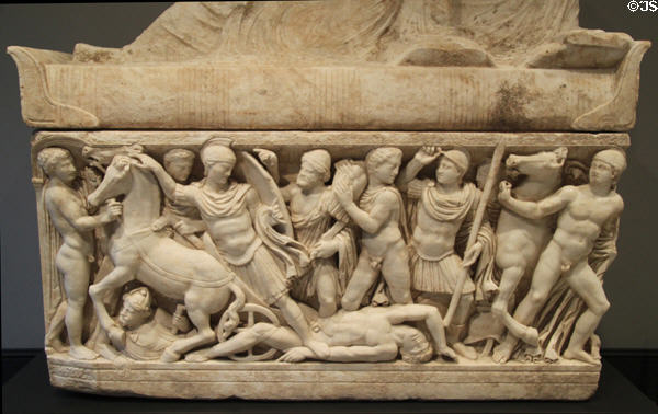 Roman marble sarcophagus with Achilles dragging Hector's Body (180-220 CE) from Attica at Getty Museum Villa. Malibu, CA.