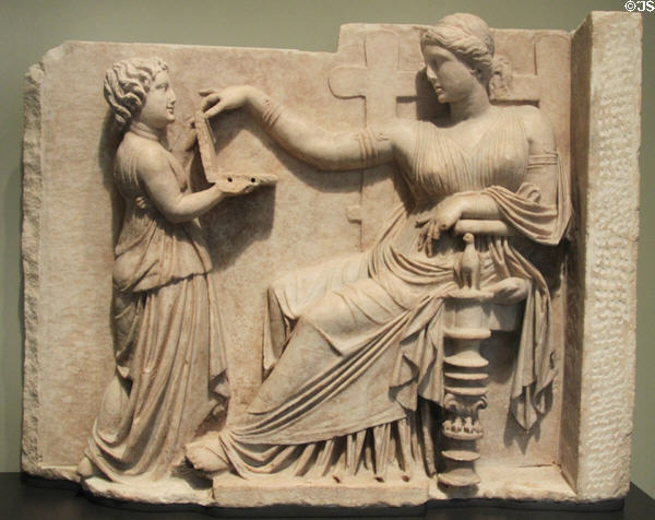 Greek marble gravestone of woman with attendant (100 BCE) at Getty Museum Villa. Malibu, CA.